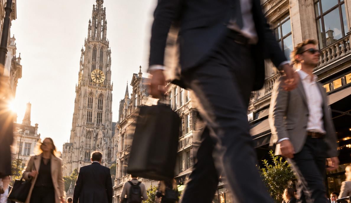 Ondernemers op straat in Antwerpen met de kathedraal op de achtergrond